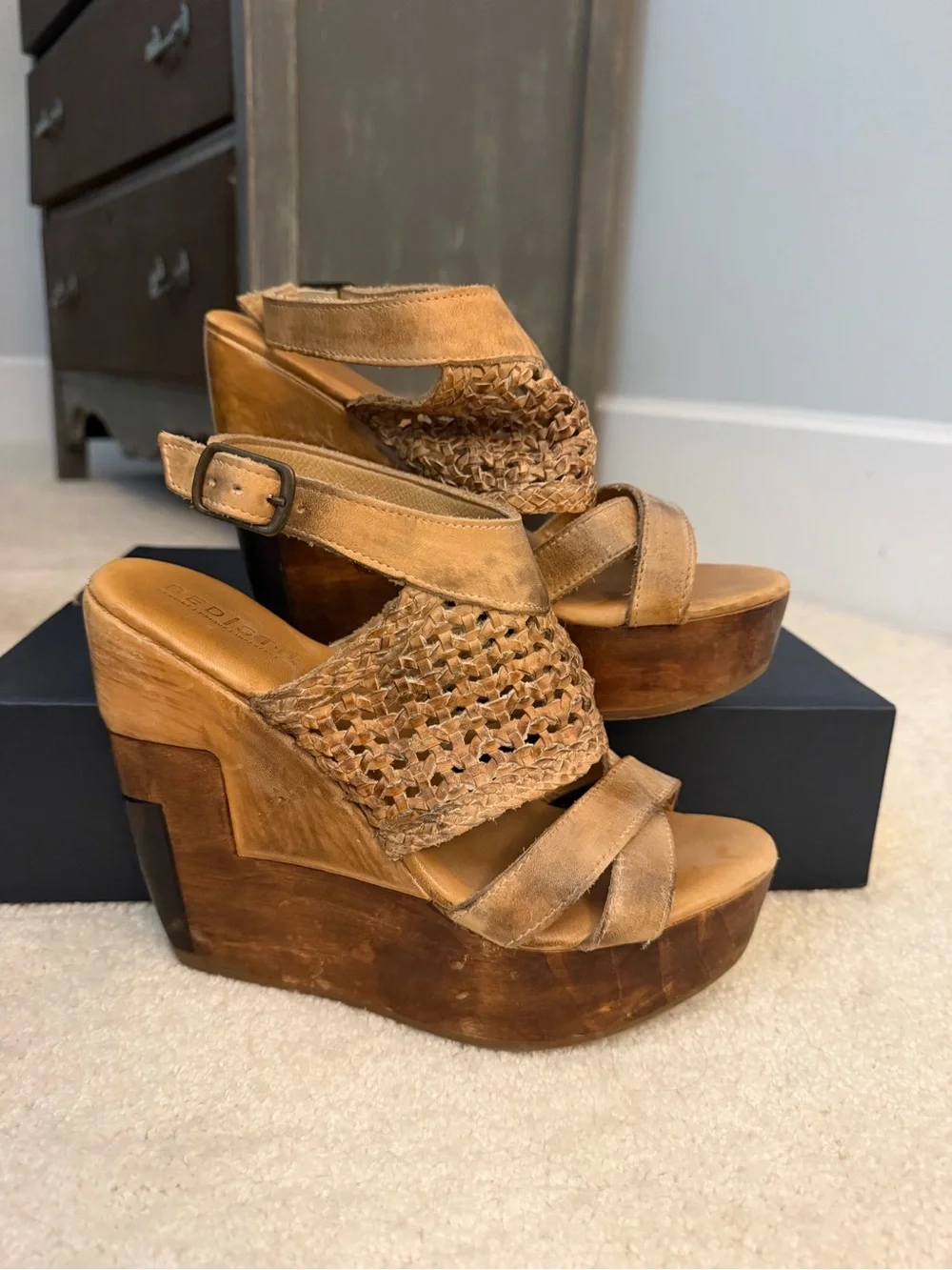 Bed Stu Tan Woven Leather Platform Wedge Sandals
